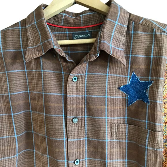 Upcycled Autumn Flannel Shirt, Sweater Sleeves, L: Plaid Button-Down Jacket - Picture 4 of 10